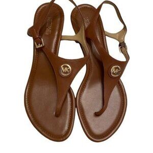 Michael Kors "Ramona" Brown Leather Thong‎ Sandals With Gold MK Logo SZ 9